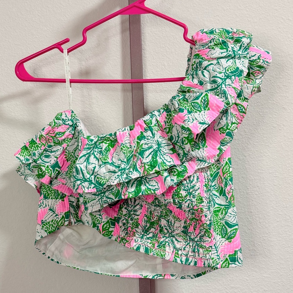 Lilly Pulitzer Kasida Ruffle One Crop Top in Botanical Green Just Wing It - Picture 6 of 11